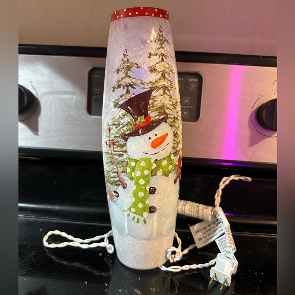 Stony Creek Pre-Lit 11.75” Festive Snowman Glass Vase Christmas Decor Holiday